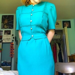 vintage teal 70s 80s church dress with shoulder pads